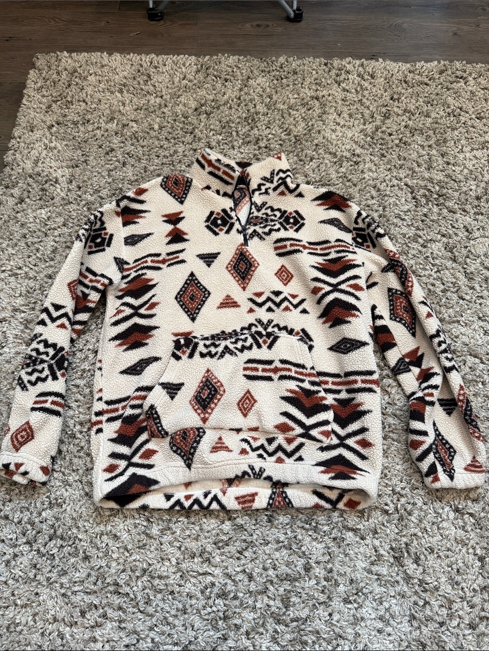 Cozy Aztec Sherpa Pullover Sweater - Cream with Rust & Black